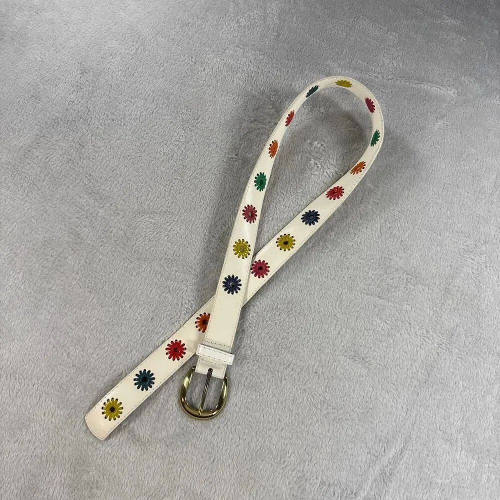 Vintage Liz Claiborne Belt White Colorful Floral Leather Size Large